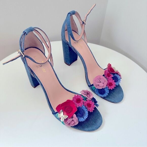 ⭕️ KATE SPADE Obelie Heels Sandals Denim Flowers Blue - Picture 7 of 8